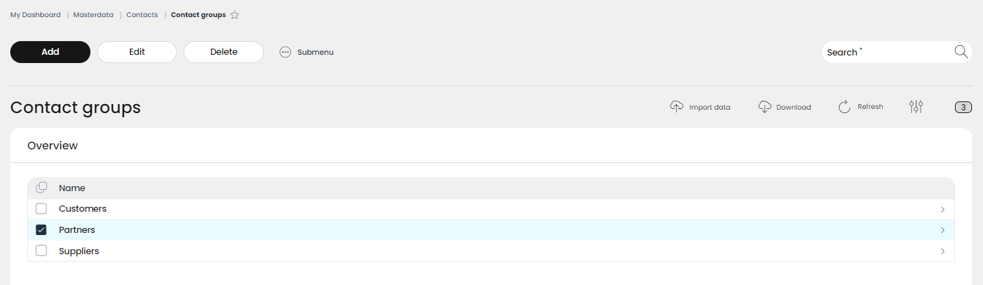 Selecting a contact group allows editing or deleting