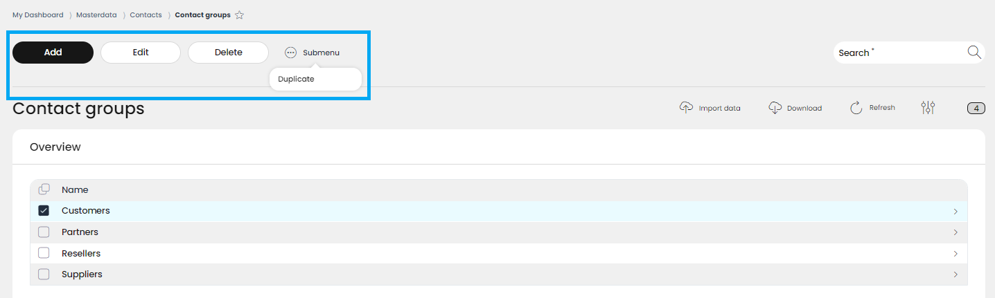 The Add, Edit, Delete buttons and the Submenu are located in the header of the list view