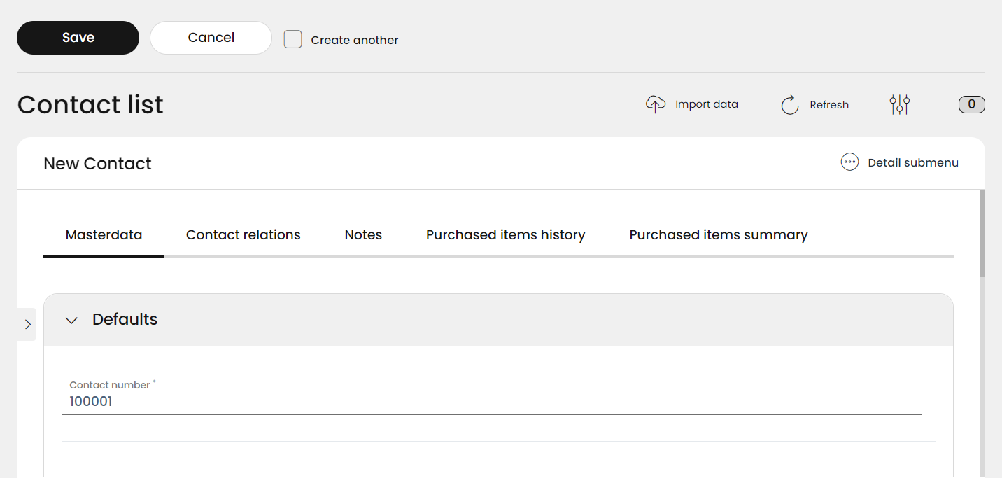 The register form of a new contact with several tabs