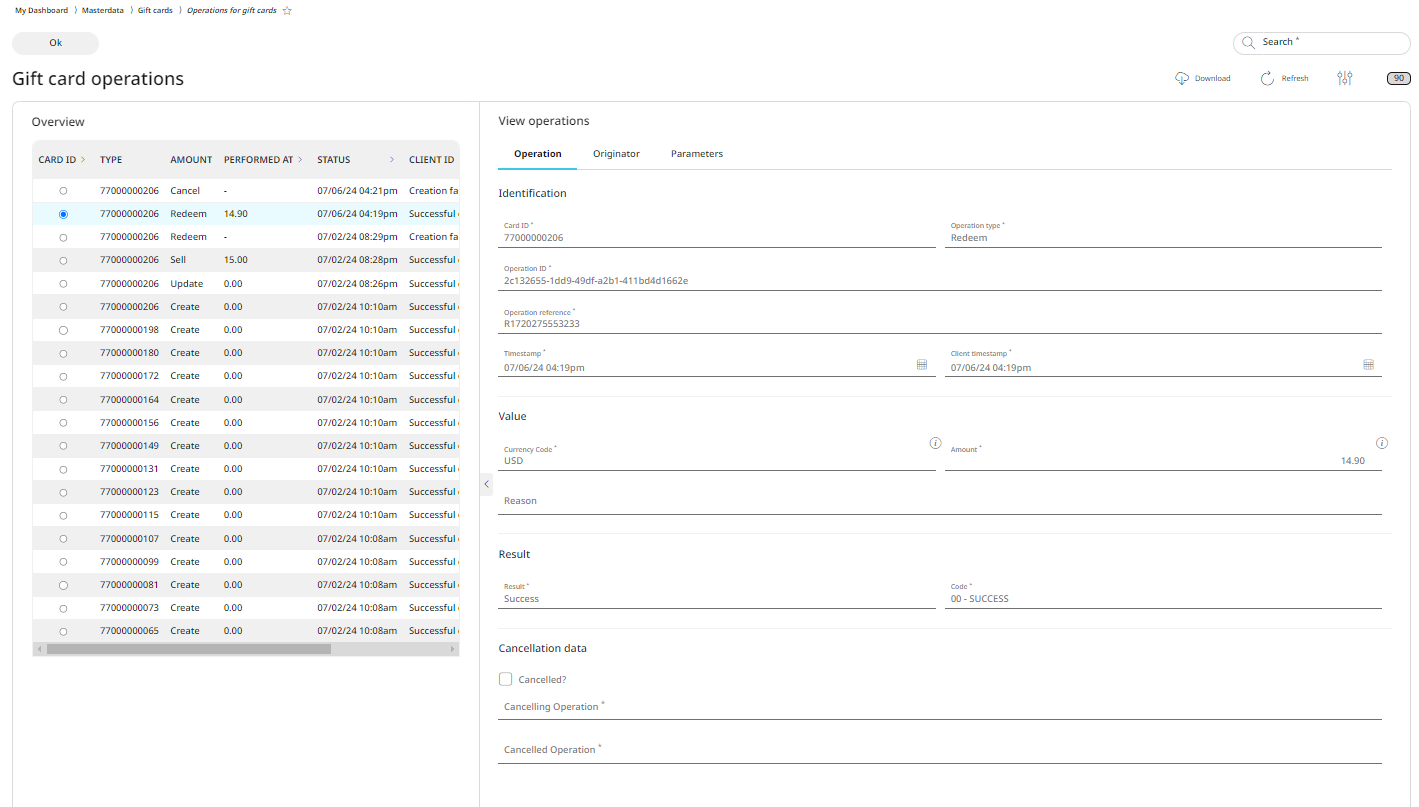 Gift card transaction details organized under 3 tabs