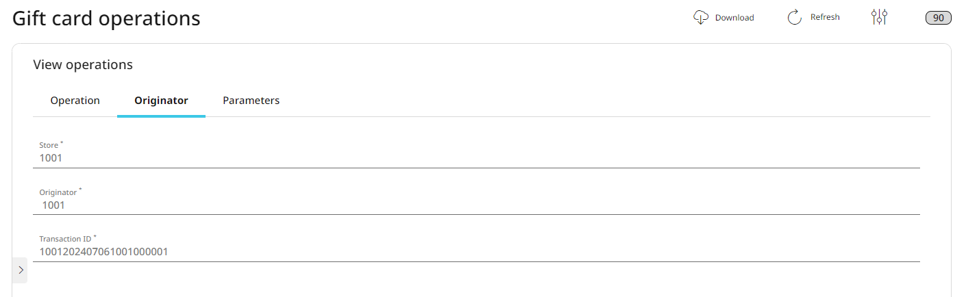 Data on the Gift card operations Originator tab