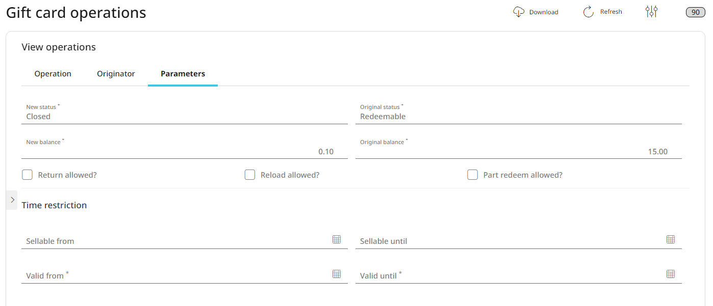 Data on the Gift card operations Parameters tab