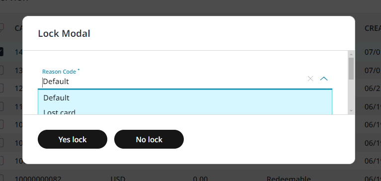 Locking a gift card with multiple reason options to choose