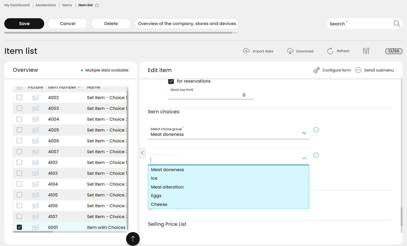 Assigning a new item choice in the item list