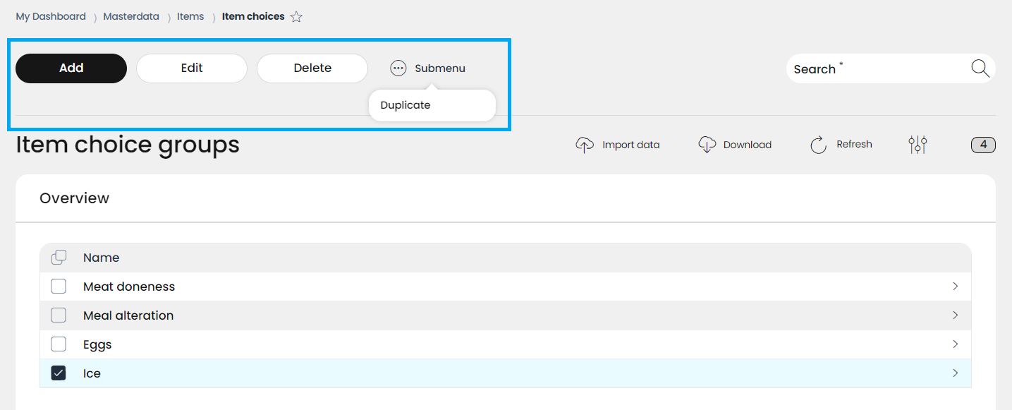 The Add, Edit, Delete buttons and the Submenu are located in the header of the list view
