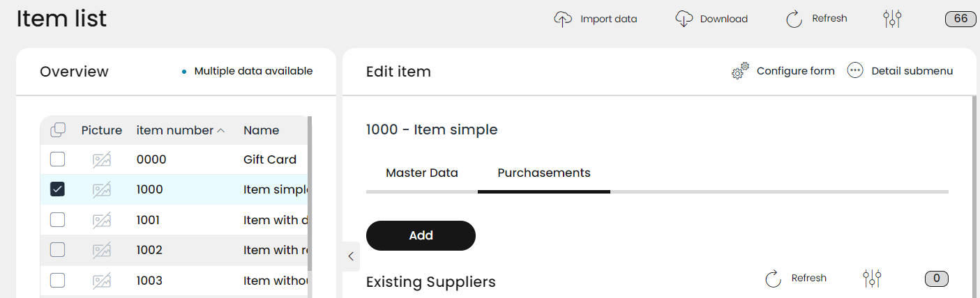 When editing an item, you can assign suppliers to it on the Purchasement tab 