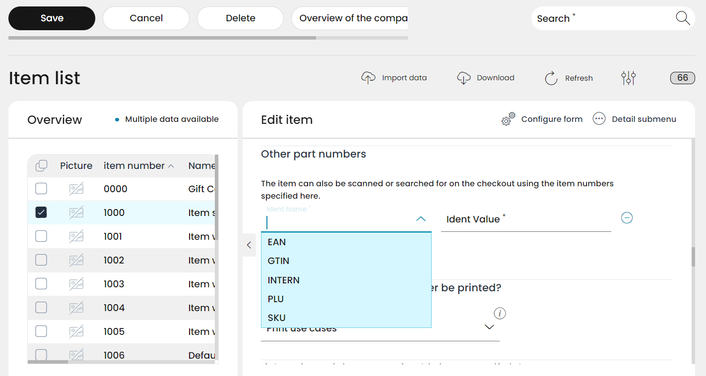 After selecting an item ident, it can be edited or deleted