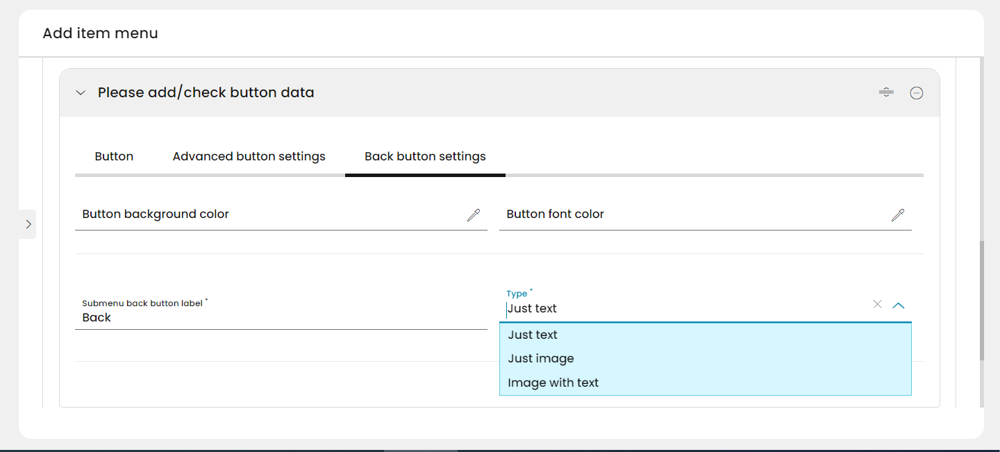 The back button settings tab