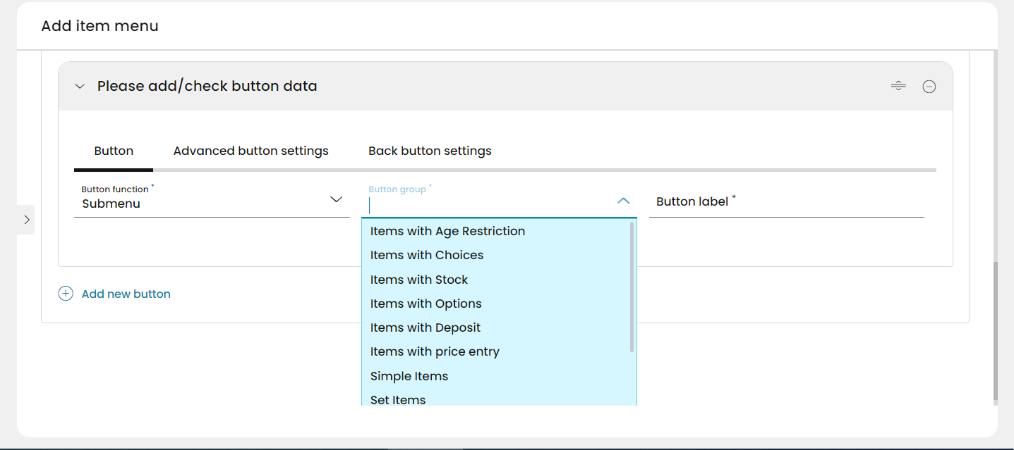 The back button settings can be defined from a wide selection in the rolldown menu