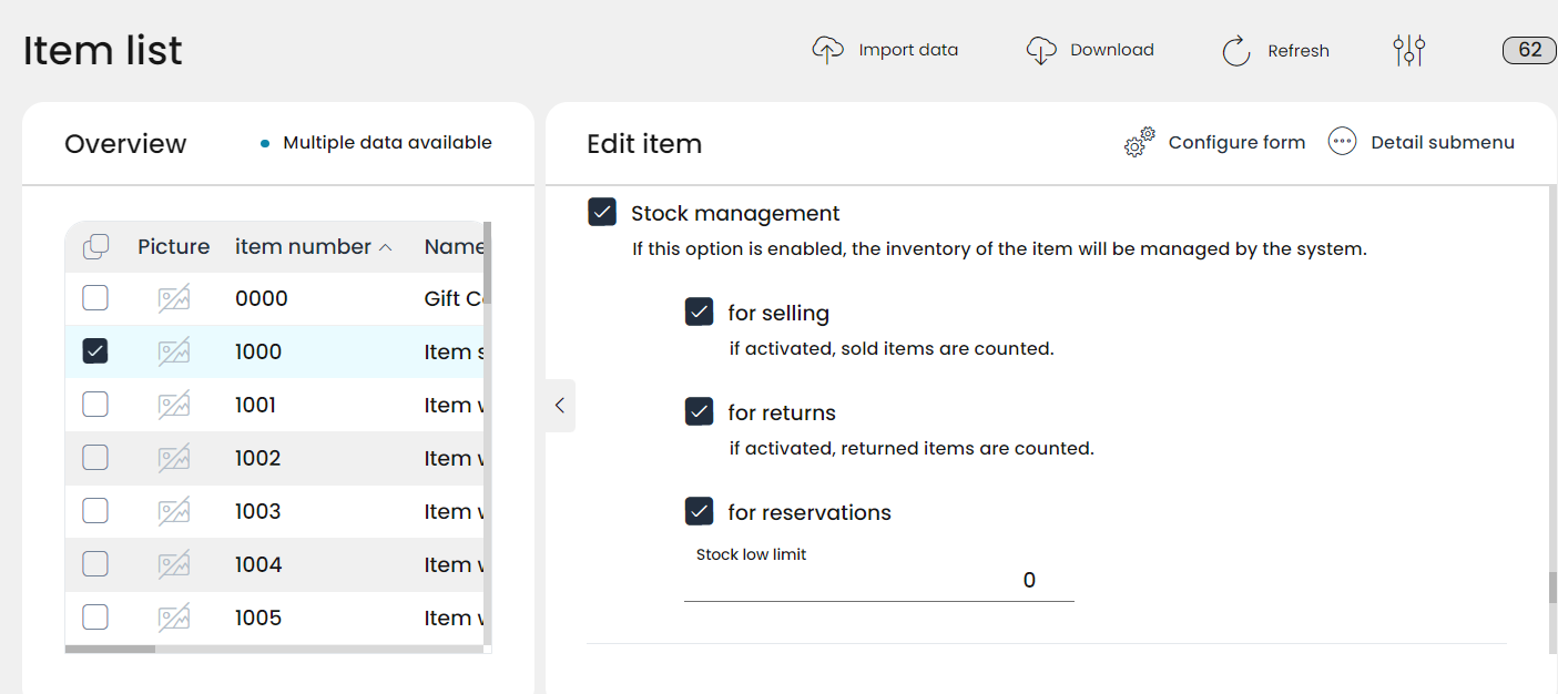 Stock management of an item can be also configured