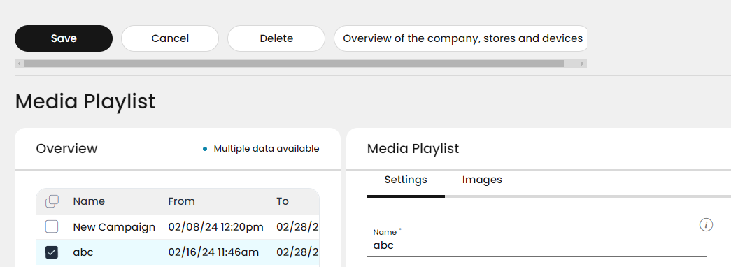 The Overview of the company, stores and devices button is displayed beside the editing buttons