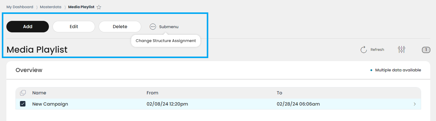 The Add, Edit, Delete buttons and the Submenu are located in the header of the list view