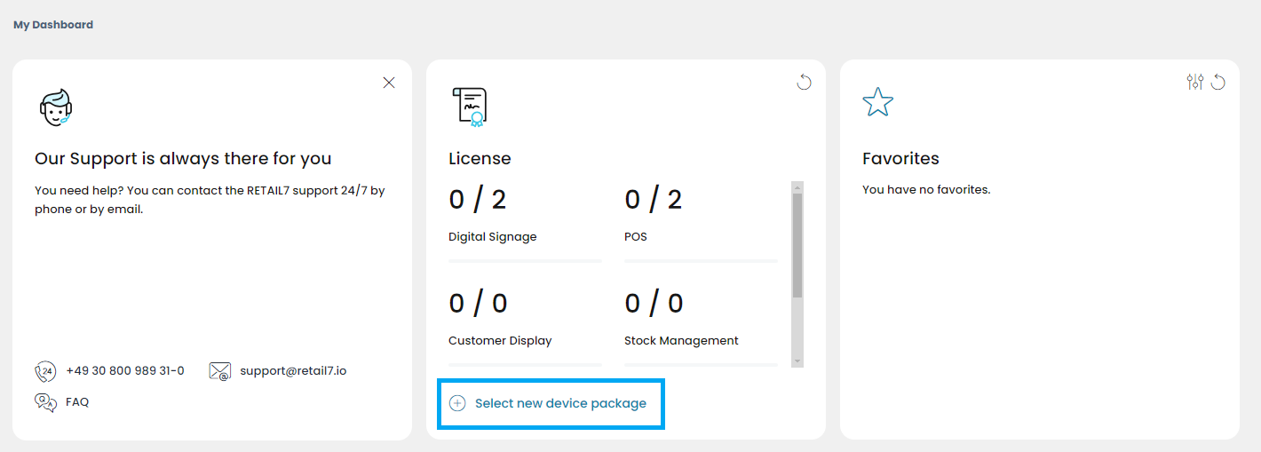 Licences can be purchased directly on the License tile of the Dashboard