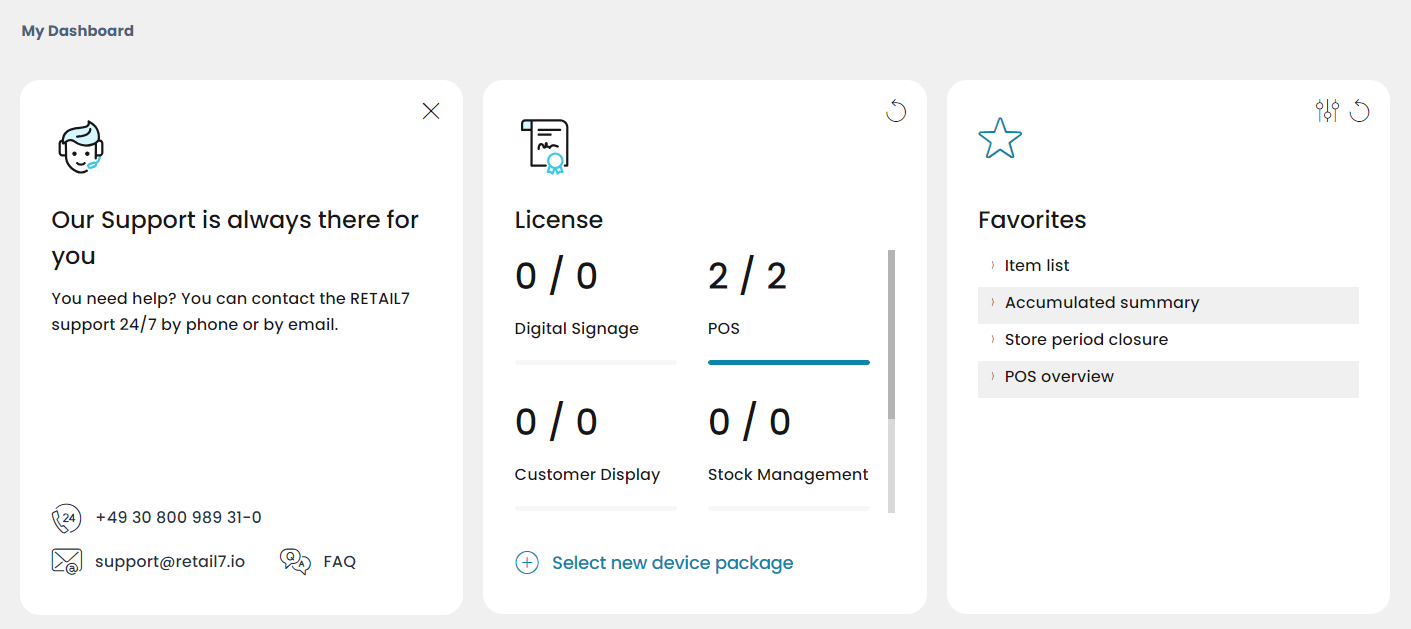 Main tiles of the Dashboard