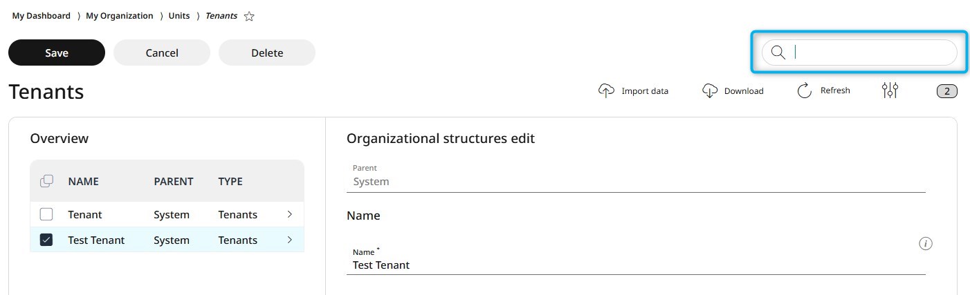 Filtering by name via the Search function