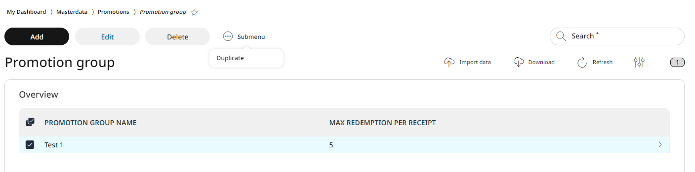The Duplication function for a promotion group is available from the Submenu
