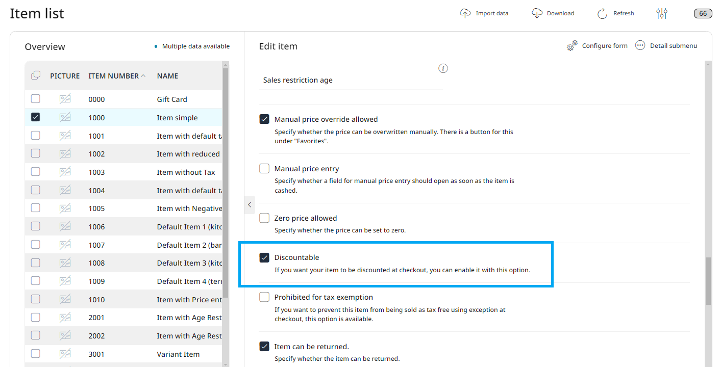 Configuring an item as discountable in the Item list