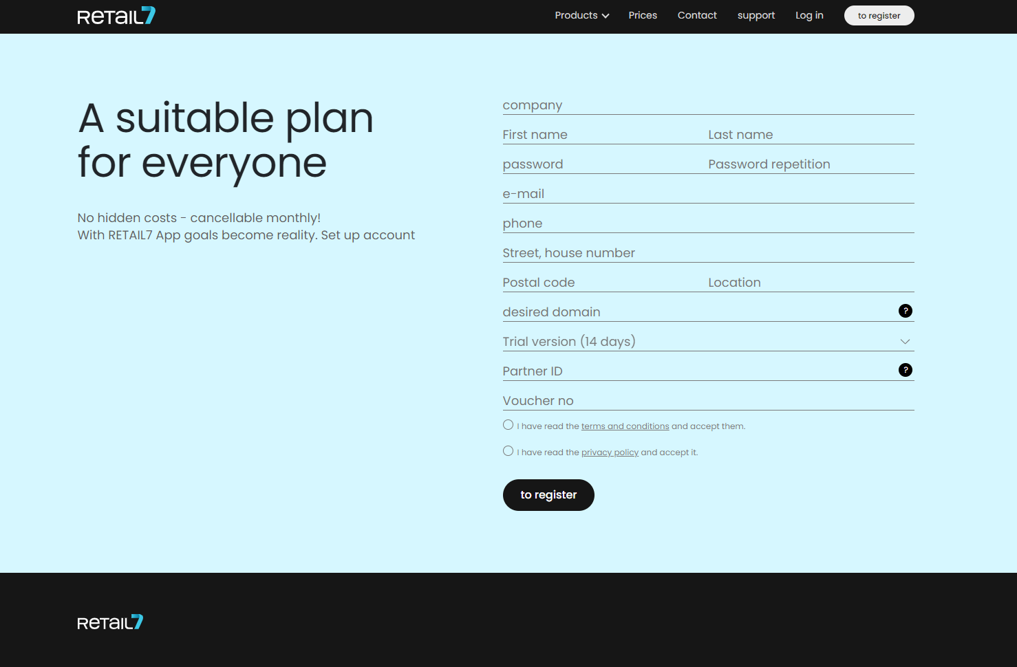 Registration form for new customers on the retail7.io website