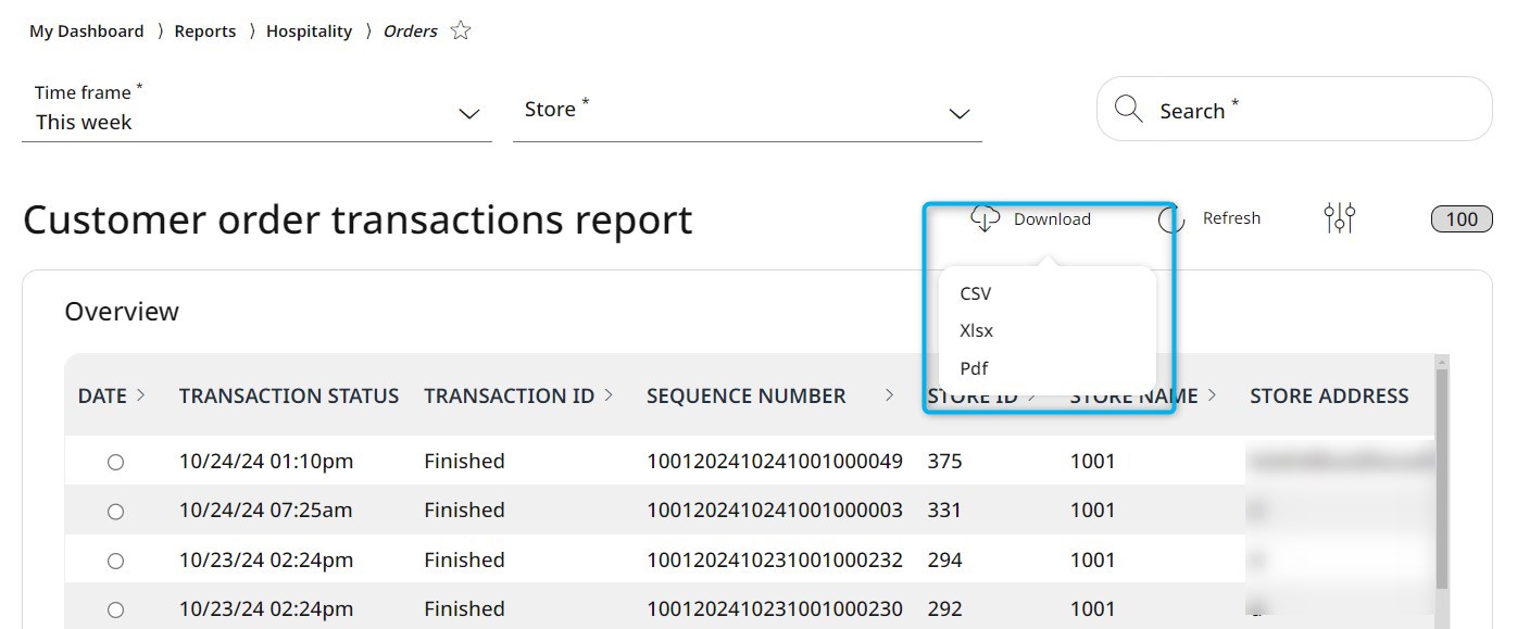 Overview of the Customer order transactions report, with the download formats