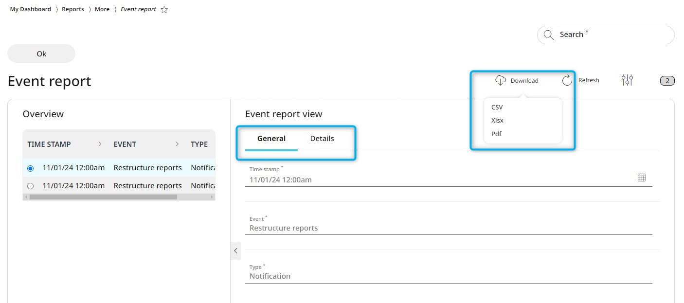 By selecting a transaction, you can see all details of the transaction on the General tab, and download it in the approppriate file format