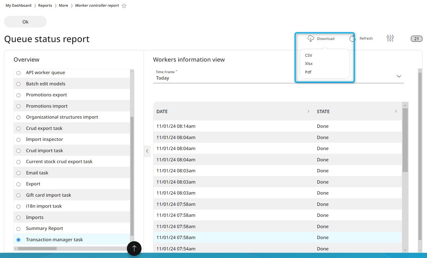 Overview of the Queue status report, with the download formats