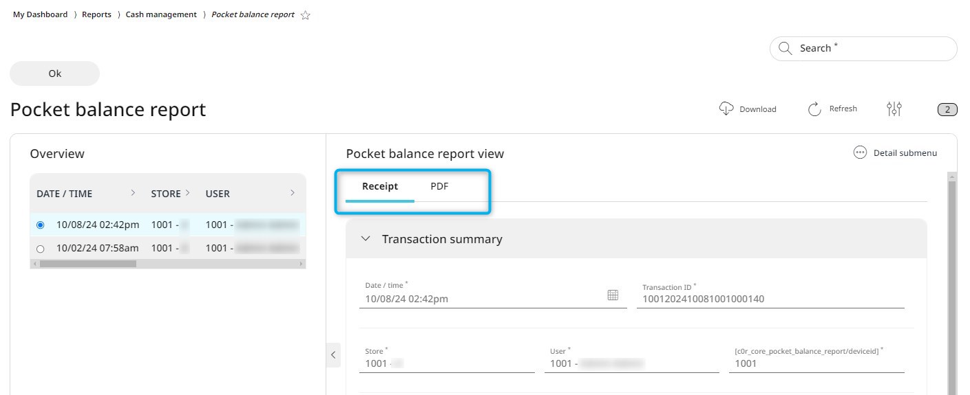 The Receipt tab of the Pocket Balance report