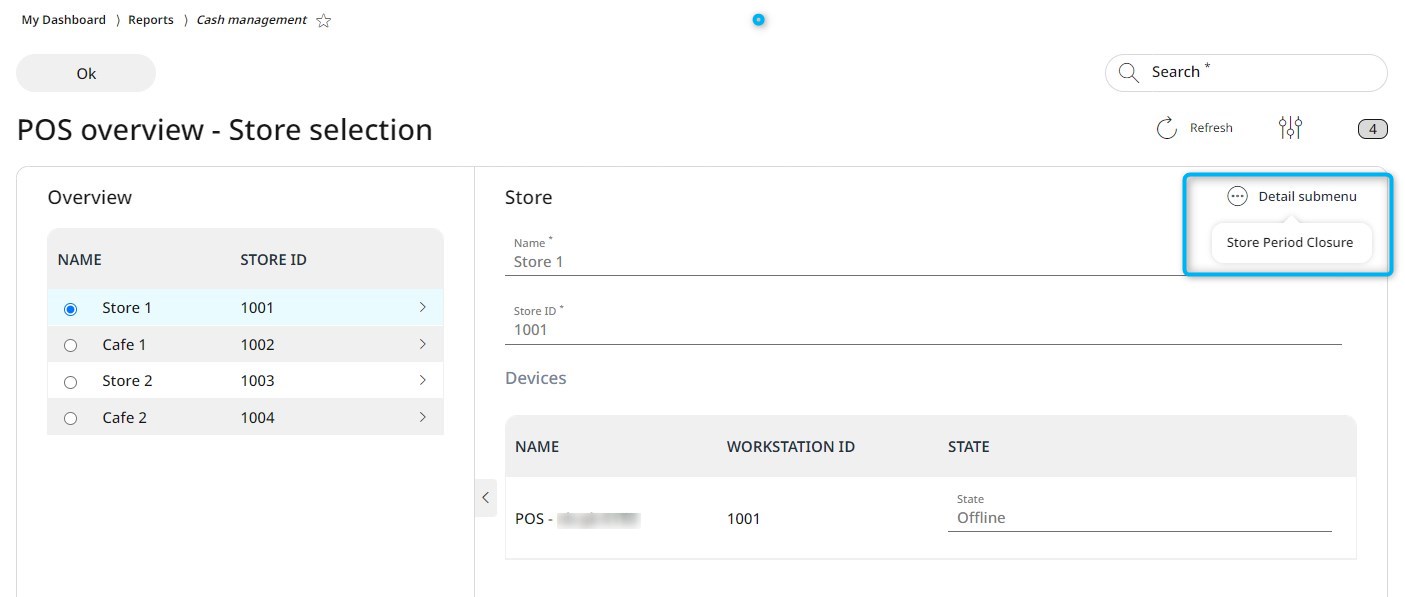 POS overview of a selected store