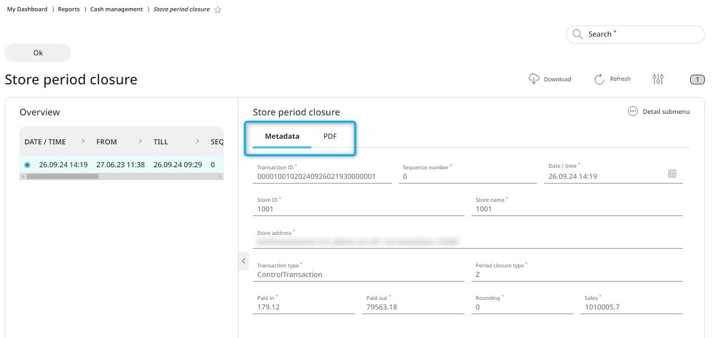 The Metadata tab of the Store Period Closure report