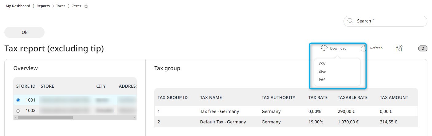 Overview of the Tax report, with the download formats