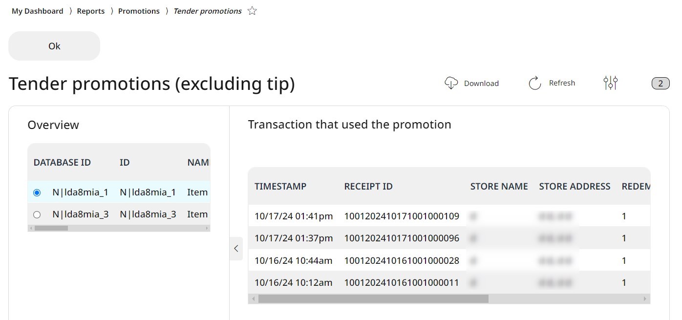By selecting a Tender promotion, the transactions are listed