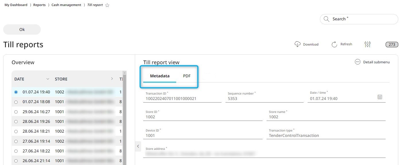 The Metadata tab of a Till report, with all relevant details of the particular transaction