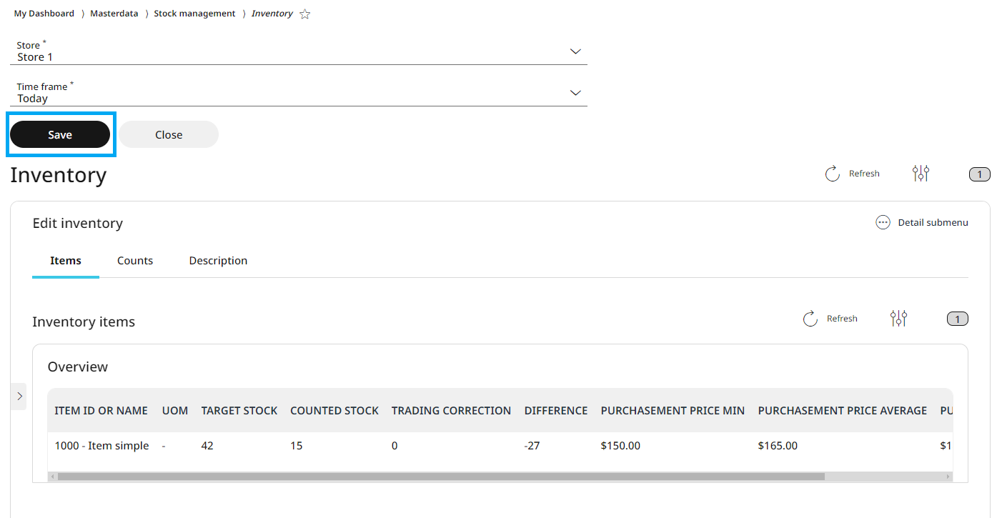 When finished with adding all the counted items, click on Save