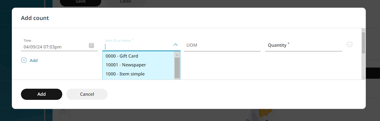 Adding an item count can be entered manually or by selecting the item from the rolldown menu