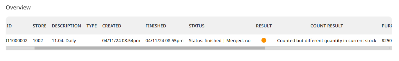 When the counted number doesn´t match the number of the current stock, the Result status light is orange