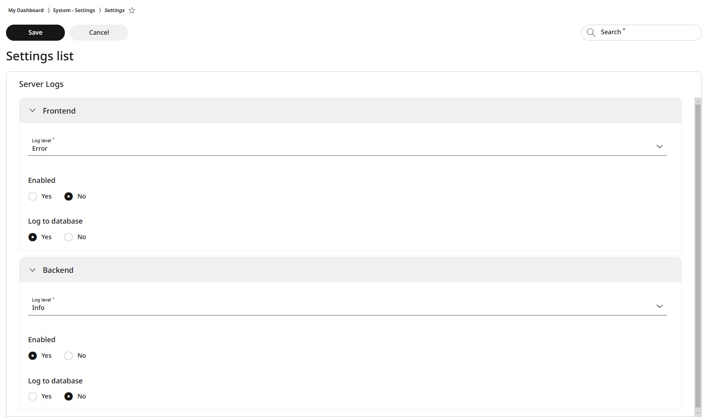 Server logs settings