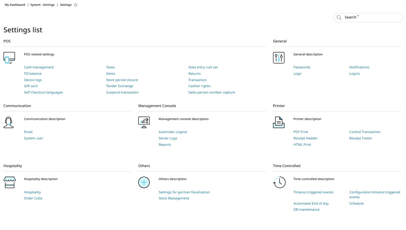 Settings list overview