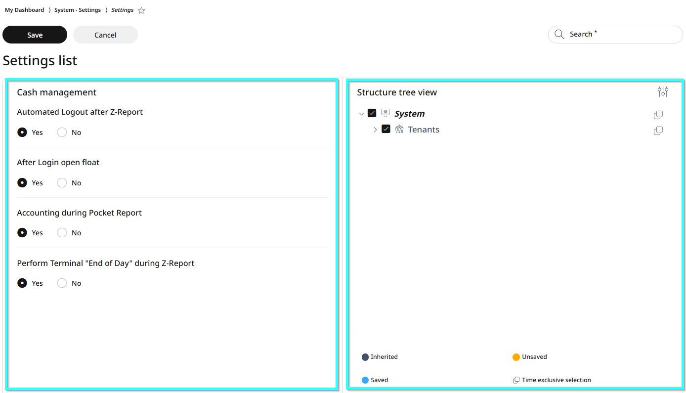 System settings left and right panels