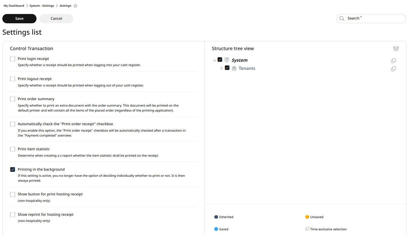 Control transaction settings