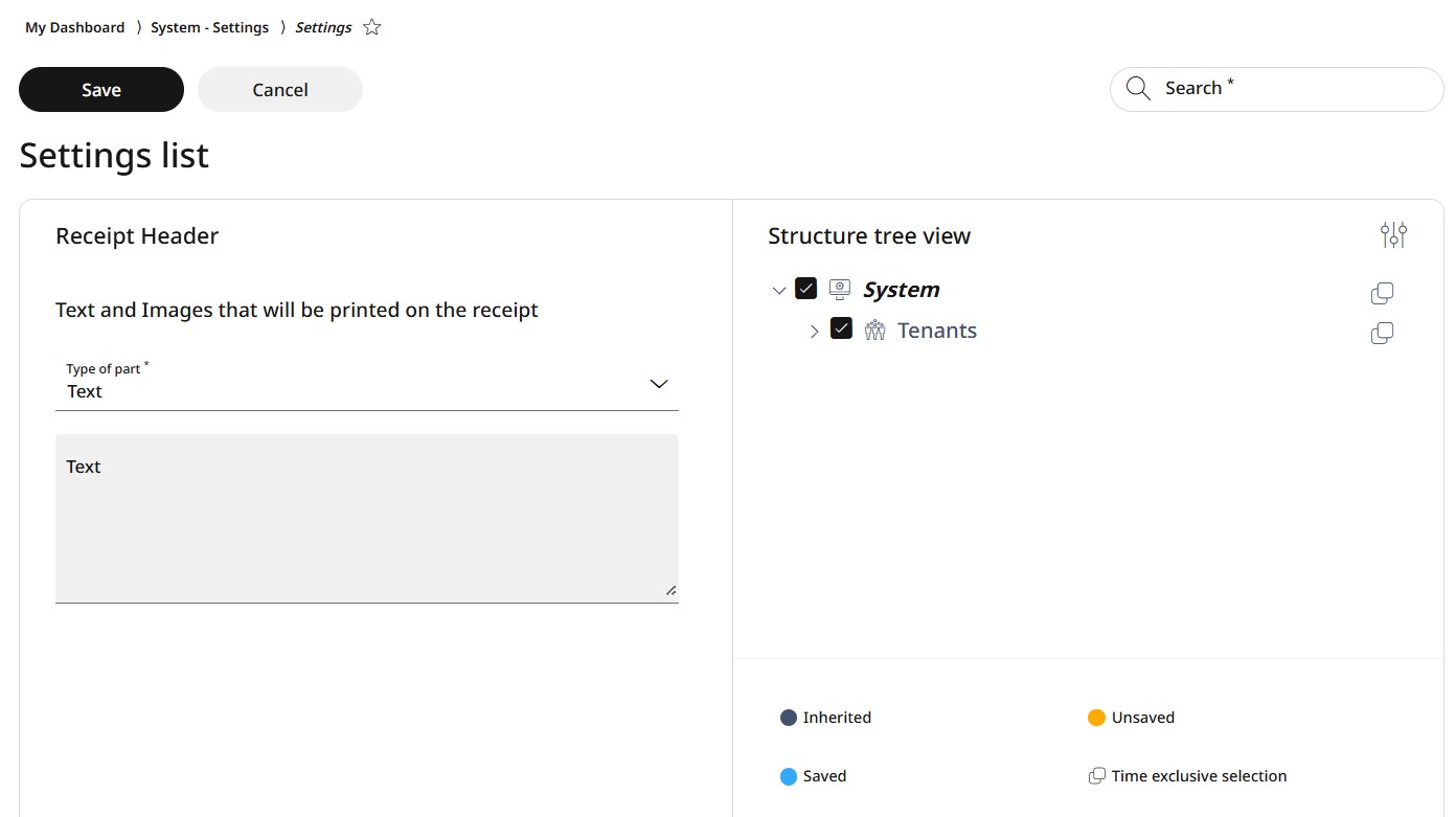 Receipt header text settings