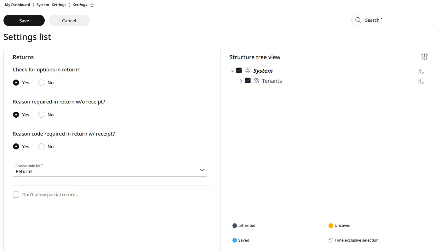 Returns settings