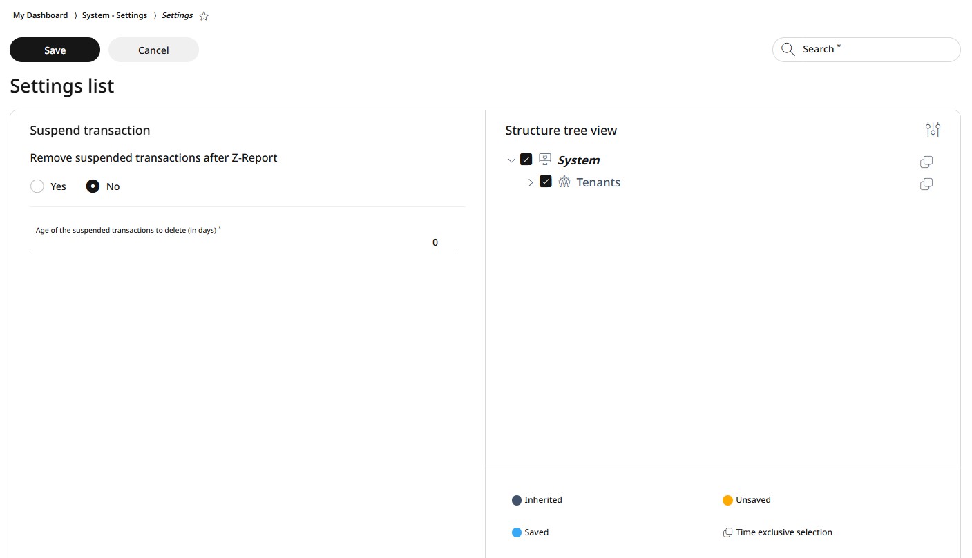 Suspend transaction settings