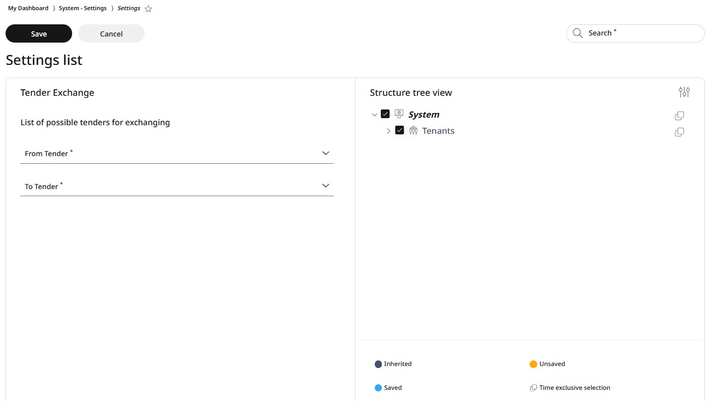 Tender exchange settings