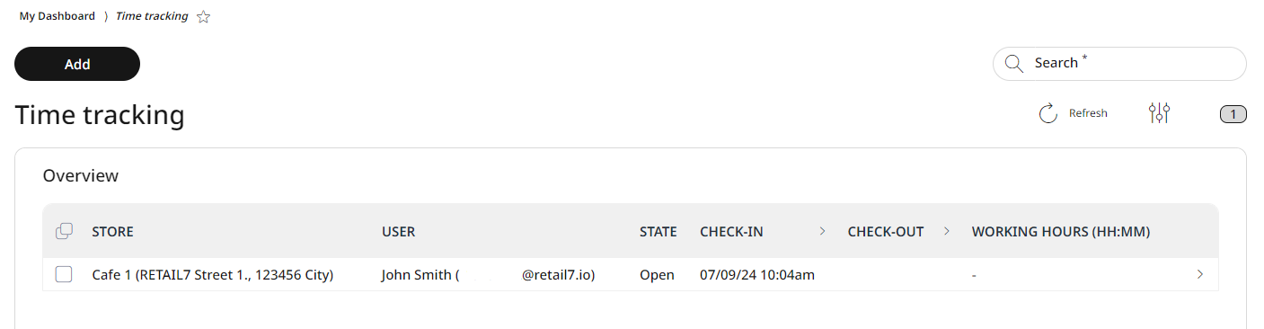 Time tracking entry in the overview