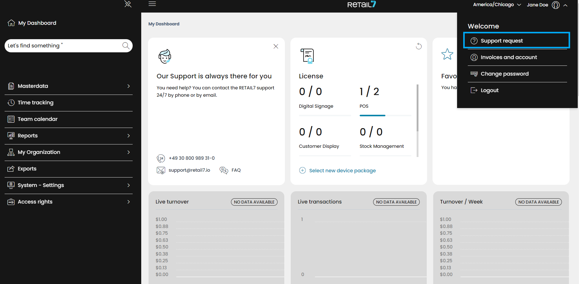 The Support request menu can be found in the user menu in the upper right corner