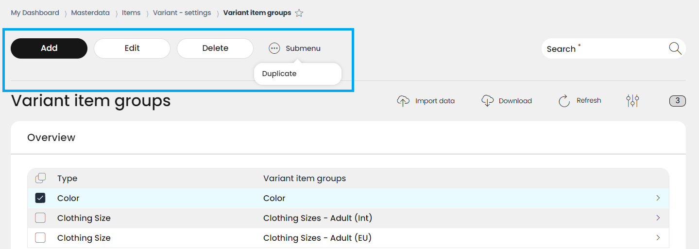 The Add, Edit, Delete buttons and the Submenu are located in the header of the list overview