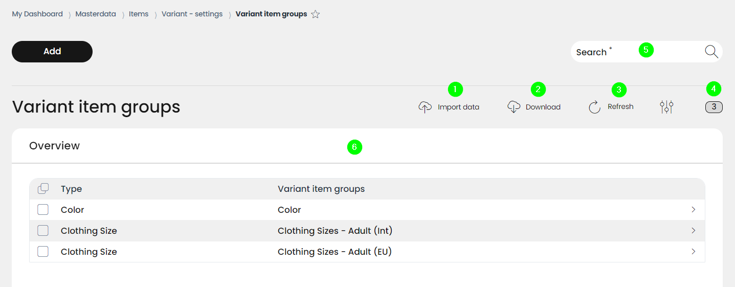 The Variant item groups overview