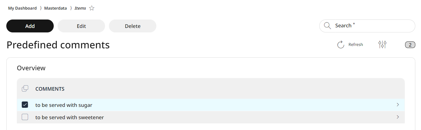 After an element is selected, the Add, Edit and Delete buttons are displayed in the header