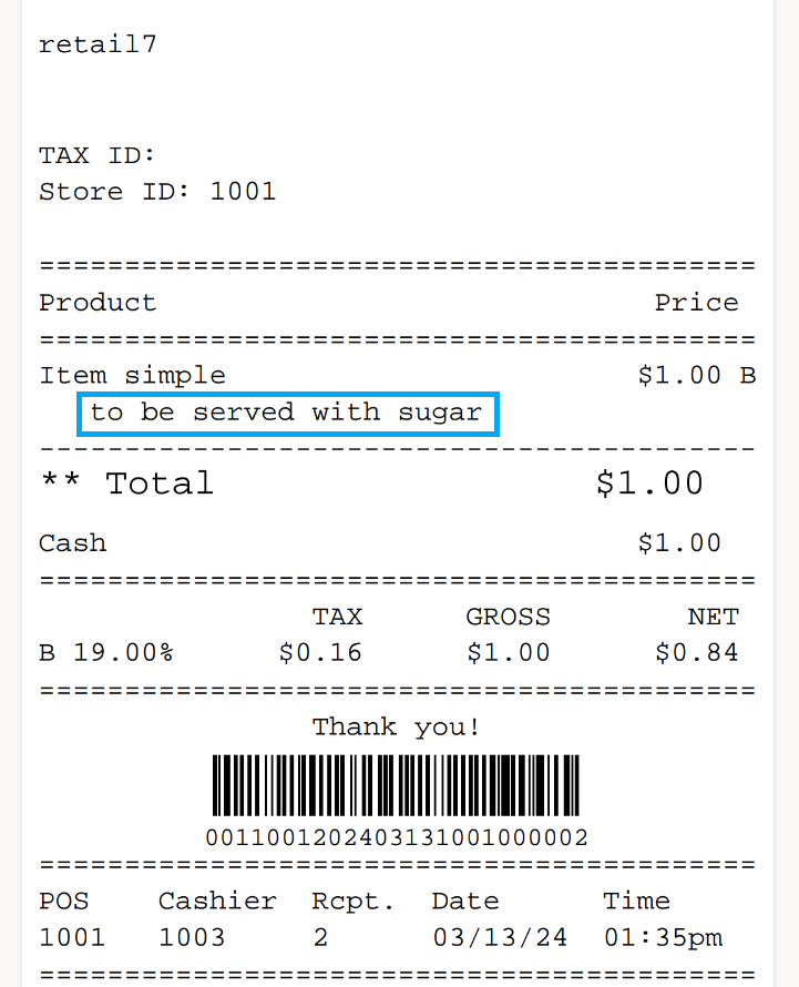 Predefined comment printed on the receipt