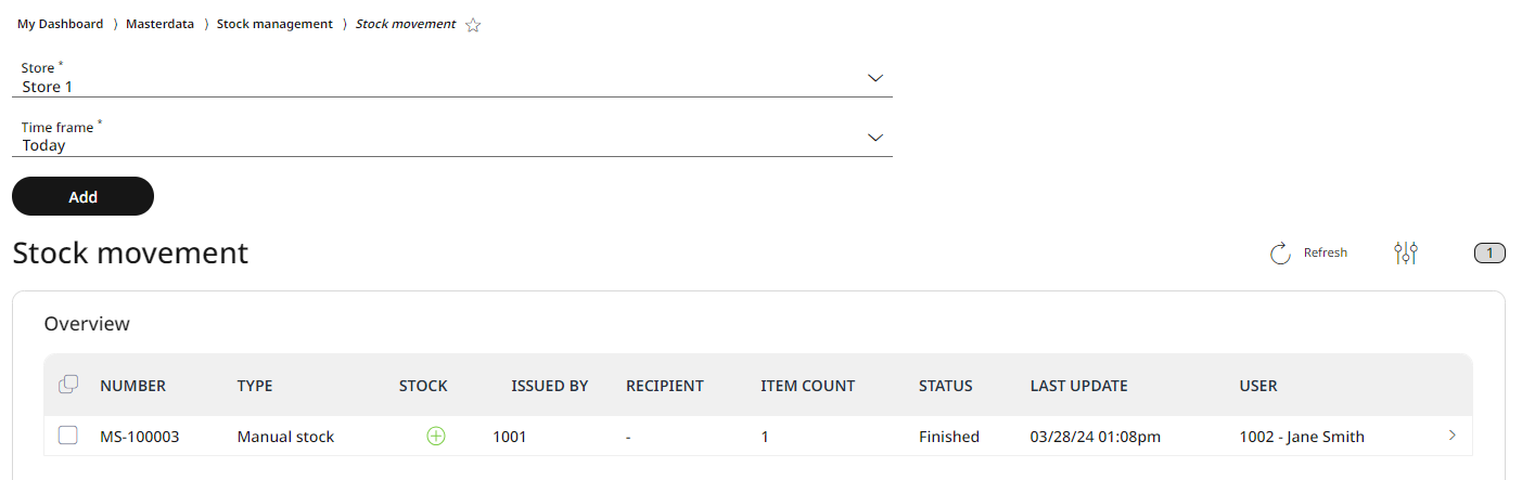 After a successful save, the new stock movement appears in the list view