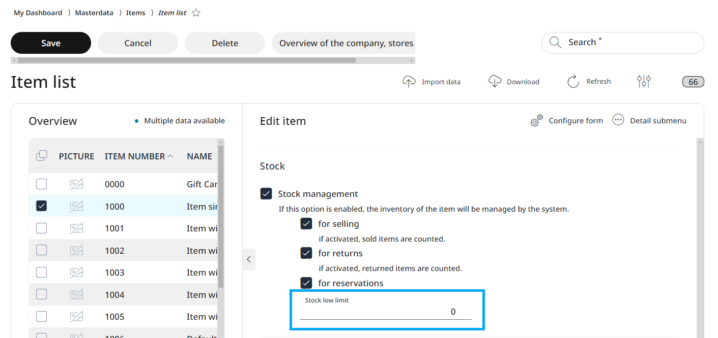 Setting the Stock low limit for an item in the Item list